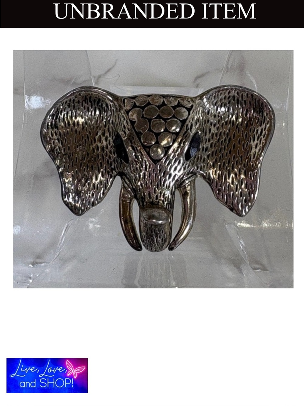 BROOCH: Sterling Silver w/Onyx Eyes Elephant Head, EUC